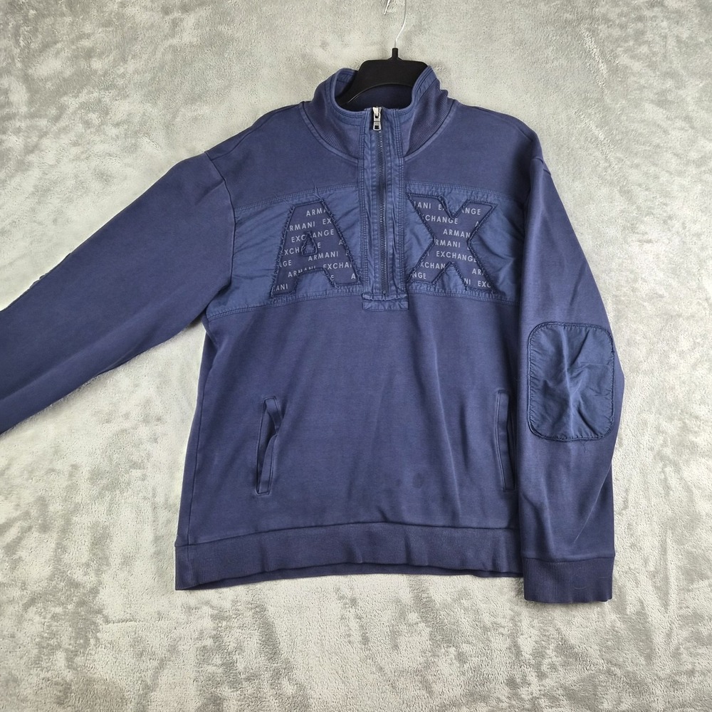 Y2K Armani Exchange A|X Mens XL Half Zip Pullover Blue Elbow Patchs Pockets